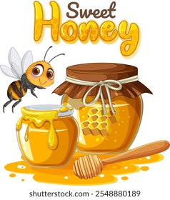 A cheerful bee with honey jars and dipper