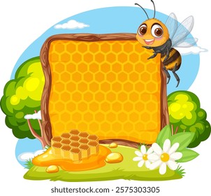 A cheerful bee with honeycomb and flowers