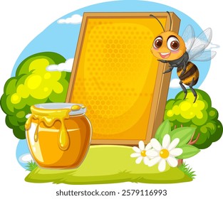 A cheerful bee near honeycomb and honey jar