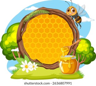 A cheerful bee near a honeycomb and jar