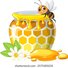 A cheerful bee on a honey-filled jar