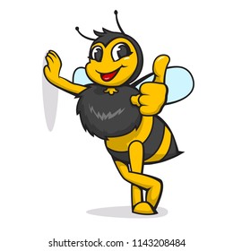 Cheerful bee shows thumb up, wasp, honey