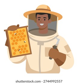 Cheerful beekeeper in a full suit holds a frame with active bees and honeycomb, representing beekeeping.