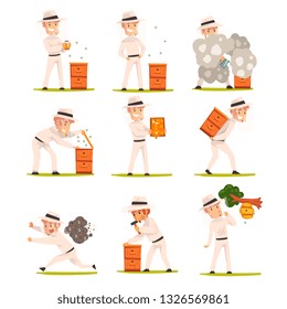 Cheerful beekeeper at work, apiarist man harvesting, selling honey, caring for bees, apiculture and beekeeping concept vector Illustration