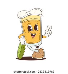 Cheerful beer glass mascot leaning on a large cap with peace sign gesture, perfect for branding, events, packaging, and advertisements. Vector mascot illustration