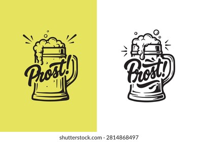 Cheerful Beer Mug Illustration With Bubbles And Prost Text Design
