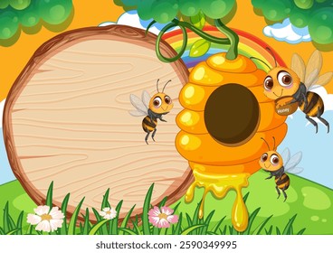 Cheerful bees buzzing around a honey-filled hive
