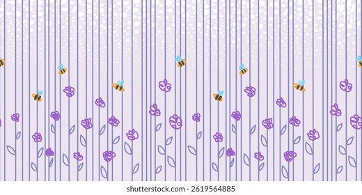 Cheerful bees flying among doodle flowers on vertical stripes background. Playful and whimsical theme perfect for kids and spring designs. Great for fabric patterns, wallpapers, and wrapping papers.