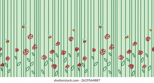 Cheerful bees flying among doodle flowers on vertical stripes background. Playful and whimsical theme perfect for kids and spring designs. Great for fabric patterns, wallpapers, and wrapping papers.