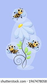 Cheerful bees swarm. Chamomile flower. World Bee Day. Bees honey swarming, fly in flower meadow. 