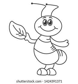 A cheerful beetle in a cartoon style holding a leaf of a tree. Outline drawing. Vector illustration