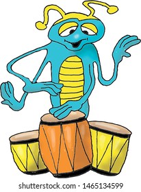 Cheerful beetle making music with his drums