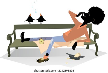 Cheerful beggar African lies on the bench. 
Smiling African man with bare foot and a broken boot on another, hat with small change lies on the bench, listens birds and looks happy isolated on white