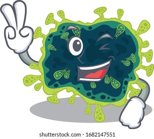 Cheerful beta coronavirus mascot design with two fingers