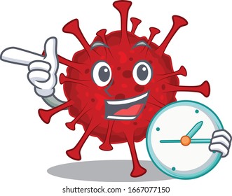 Cheerful betacoronavirus cartoon character style with clock