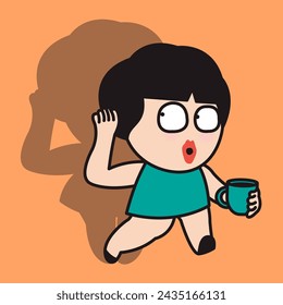 Cheerful Big Eyes Woman Is Leaving Her Shadow To Work While Holding A Cup Of Coffee Concept Card Character illustration