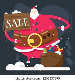 Cheerful big Santa with a "sale" sign. Vector illustration.