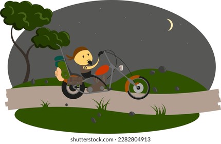 A cheerful biker rides in the moonlight