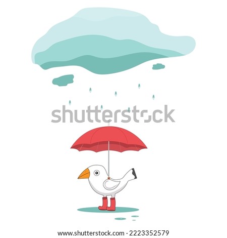 a cheerful bird in red boots hid from the rain under a red umbrella, under a gray cloud