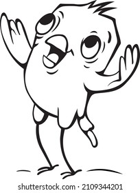 A cheerful bird spreads its wings for hugs. Vector outline illustration.