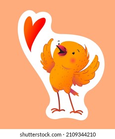 A cheerful bird spreads its wings for hugs and a symbol of the heart. Flat vector color illustration.