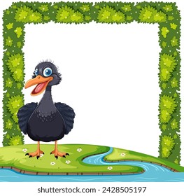 Cheerful bird surrounded by lush greenery and water
