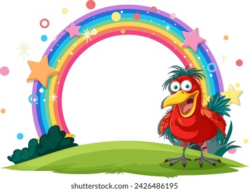 A cheerful bird under a vibrant rainbow arch.