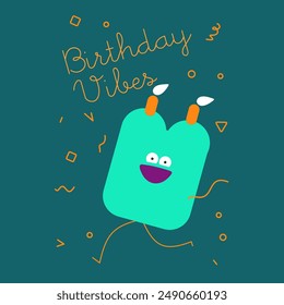Cheerful birthday card design showcasing a green character with birthday candles, set against a dark teal backdrop with 'Birthday Vibes' in stylish script.