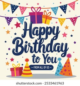 Cheerful Birthday Card Vector Background with Joyful Greeting Text, Gift Boxes, and Fun Decorations for Special Occasions