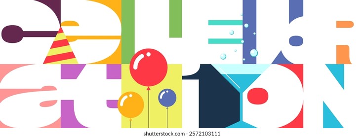 Cheerful birthday celebration banner with colorful balloons, champagne glass and geometric shapes. Modern festive design for party invitations, holiday flyers, joyful posters and event decorations