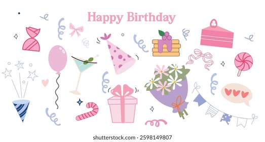 A cheerful birthday celebration with cakes, gifts, flowers, and sweets! Festive decorations, wrapped presents, and colorful balloons. Perfect for branding, restaurant social media, menu
