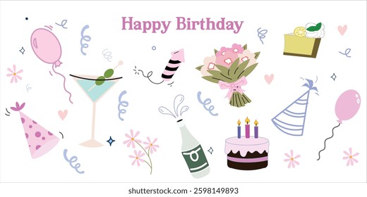 A cheerful birthday celebration with cakes, gifts, flowers, and sweets! Festive decorations, wrapped presents, and colorful balloons. Perfect for branding, restaurant social media, menu