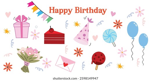 A cheerful birthday celebration with cakes, gifts, flowers, and sweets! Festive decorations, wrapped presents, and colorful balloons. Perfect for branding, restaurant social media, menu