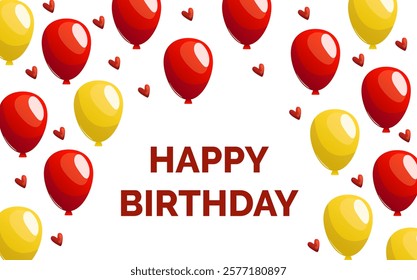 A cheerful birthday greeting card featuring vibrant red and yellow balloons surrounding the 'Happy Birthday' text. A perfect design to spread joy and celebration for any birthday occasion.