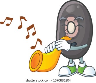 Cheerful black beans cartoon character performance with trumpet