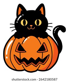 a cheerful black cat with bright yellow eyes and a friendly pink nose peeking over a classic Halloween pumpkin.
