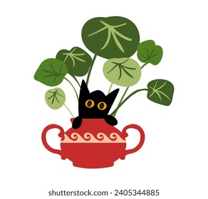 A cheerful black cat hid in a pot with a houseplant. Playing kitten. Palm tree in a vase. Vector illustration