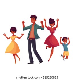 Cheerful black family jumping from happiness, cartoon vector illustrations isolated on white background. Happy African Americn family of father, mother, sister and son jumping in excitement