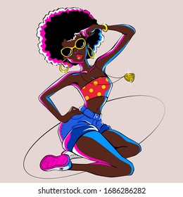 Cheerful black girl. Pin up drawing. Disco style illustration.