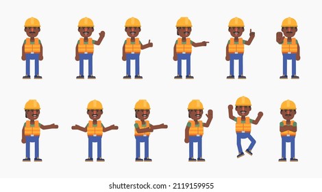 Cheerful black or indian construction worker showing various hand gestures. Builder with hard hat pointing, greeting, showing thumb up and other hand gestures. Modern vector illustration