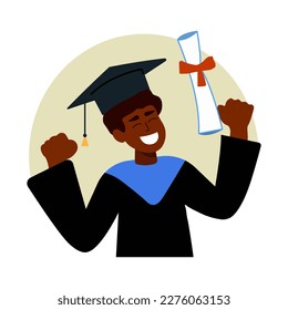 A cheerful black male graduate celebrates his graduation with a diploma and a graduate cap on his head. Concept for happy graduation poster or card template design. Vector drawing