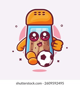 cheerful black pepper bottle character mascot playing football isolated cartoon