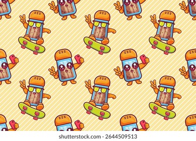 cheerful black pepper bottle character seamless pattern illustration background