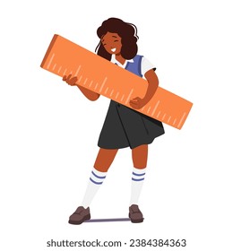 Cheerful Black Schoolgirl Wielding An Enormous Ruler, Symbolizing Her Enthusiasm For Learning And Her Readiness To Conquer Any Academic Challenge That Comes Her Way. Cartoon Vector Illustration