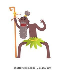 Cheerful black skinned old man aborigine of ancient tribe