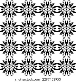 Cheerful black and white floral pattern with garden of optical illusion flowers in radial, stylized, geometric border design, ideal for vintage prints and retro products.