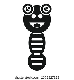A cheerful black and white illustration of a baby rattle with a smiling face