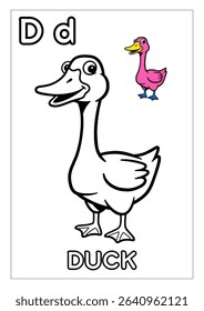 A cheerful black and white illustration of a duck, perfect for coloring activities, educational materials, or children's books.