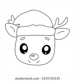 "Cheerful black and white Rudolph chibi vector illustration with smooth lines and minimal details, perfect for Christmas themed stickers, posters or invitations."