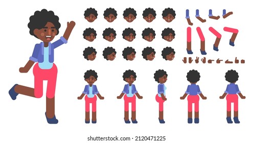 Cheerful Black Woman Creation Kit. Create Your Own Action, Pose, Animation. Modern Vector Illustration